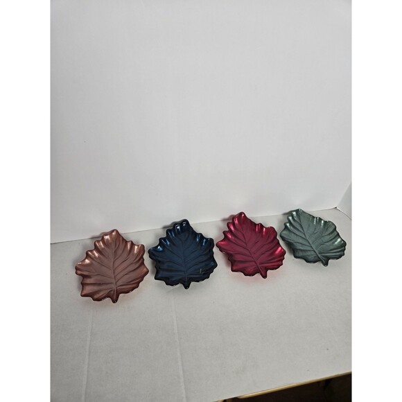 x4 Turkish Glass Leaf Dessert Plate Set Raspberry Red Blue Green Taupe Fall 6" - Picture 1 of 8